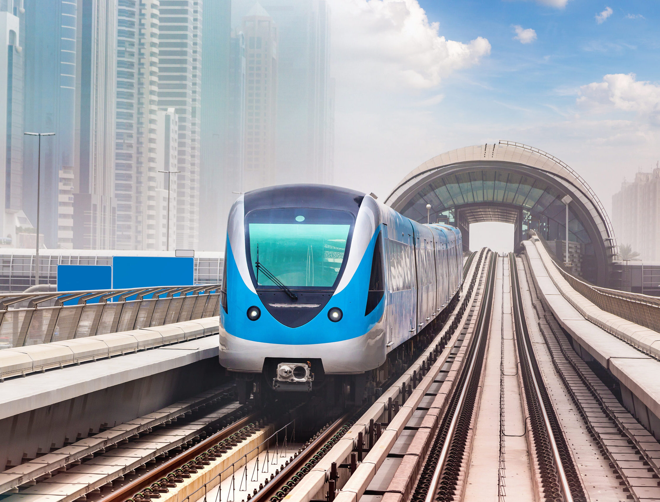 Dubai metro railway in a summer day in Dubai, United Arab Emirates