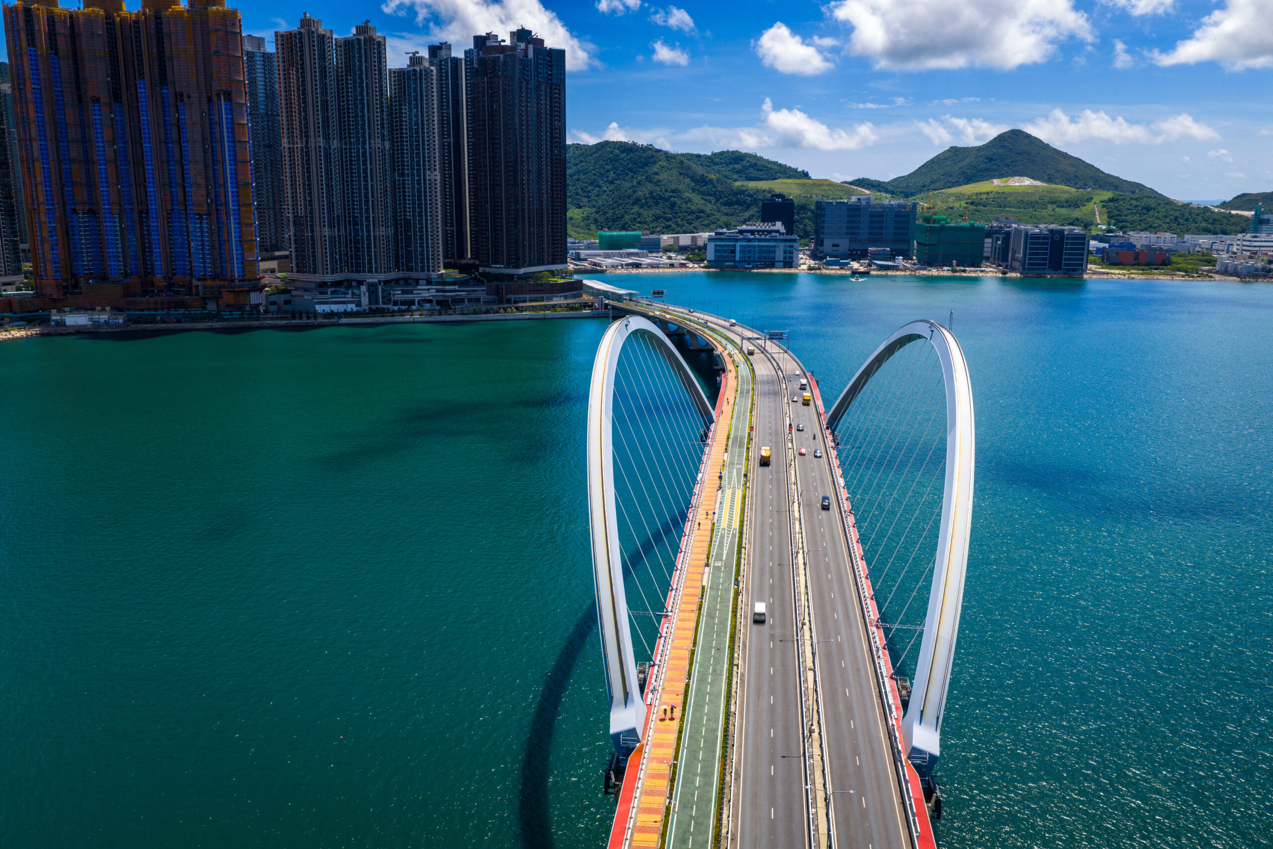 Aerial View of Bridge Tseung Kwan O Cross Bay Link at Day; Hong Kong;