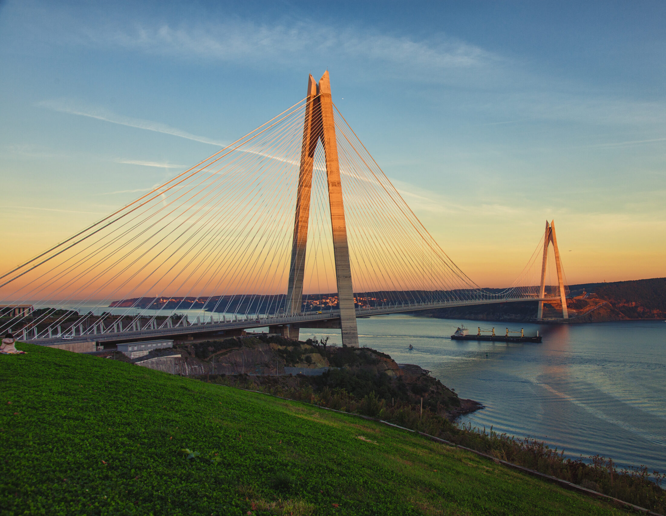 Yavuz Sultan Selim Bridge in Istanbul, Turkey at sunset. 3rd Bosphorus Bridge and Northern Marmara Motorway.